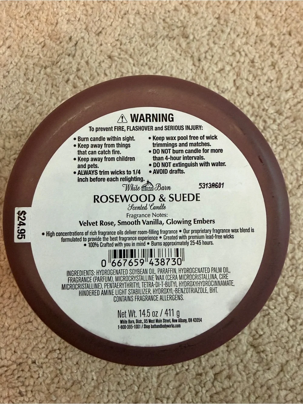 Bath and Body Works White Barn Rosewood & Suede  14.5 oz 3 Wick Candle NEW